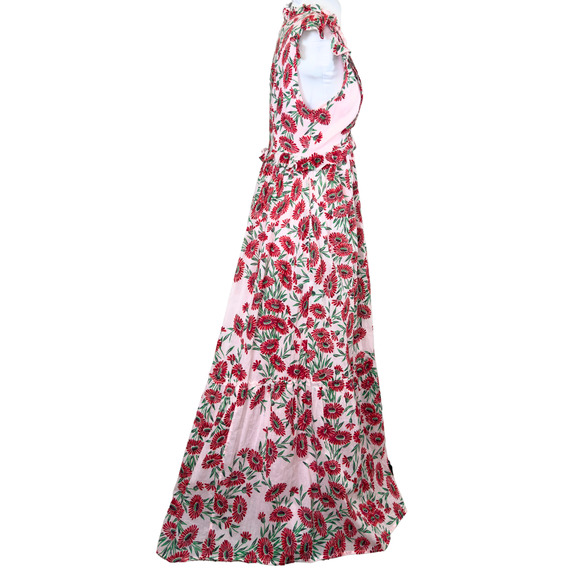 Banjanan Constance Red Pink Floral Maxi Dress VNeck Flutter Sleeves Ruffle Sz L - Picture 7 of 10